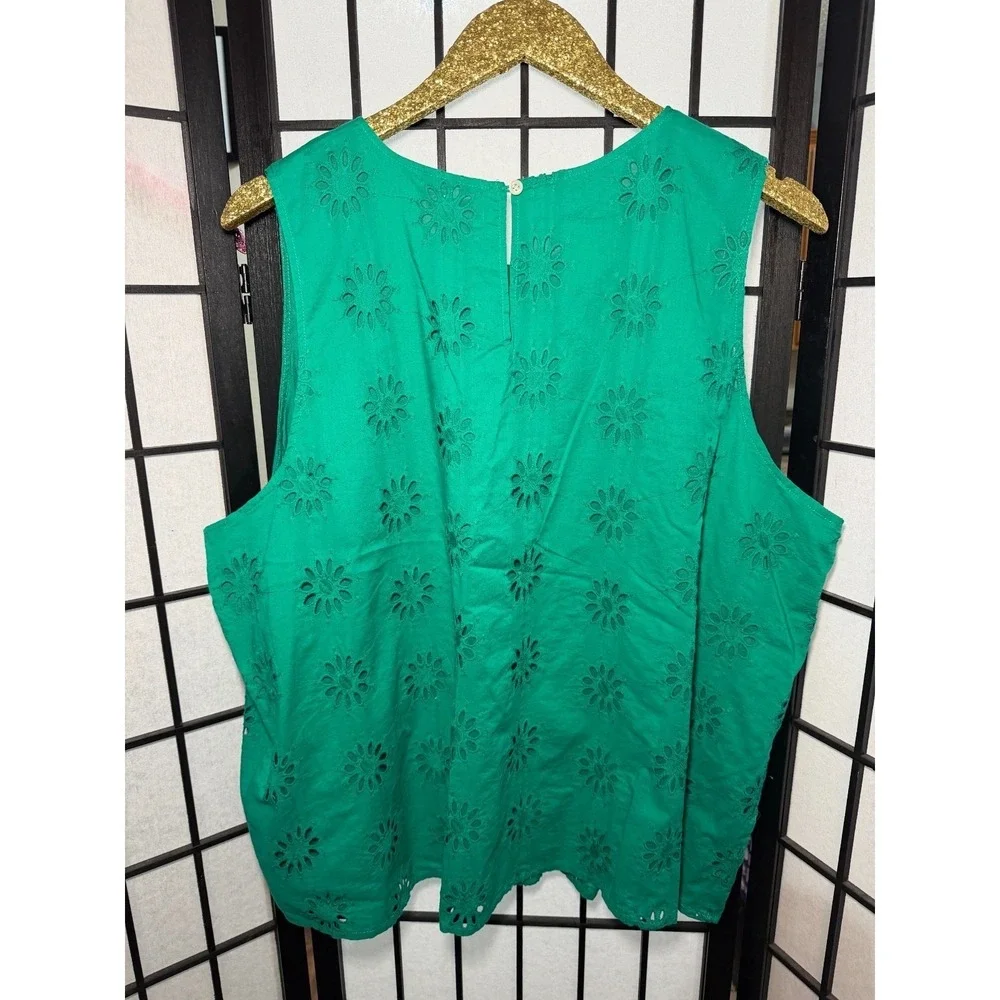 J.CREW‎ Women's Plus 3X Green Floral Eyelet Sleeveless Tank Top